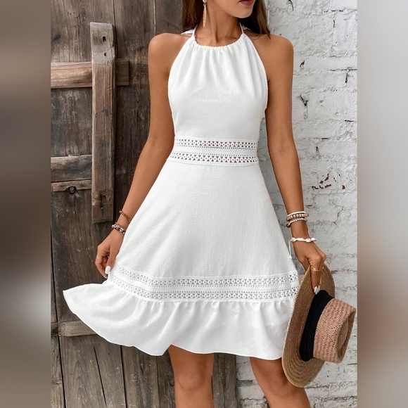 Women's Patchwork Lace Back Hollow Knotted Dress - Picture 3 of 6